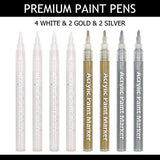 White Paint Pen, 0.8mm Acrylic 4 White, 2 Gold, 2 Silver Permanent Marker Pens for Wood Rock Plastic Leather Glass Stone Metal Canvas Ceramic Marker Extra Very Fine Point Opaque Ink, 8 Pack