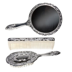 3 pc Silver Chrome Girls Vanity Set Comb Brush Mirror.