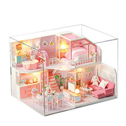 WYD Handmade Girly Heart House Pink Loft 3D Miniature Doll House Kit Wooden Furniture Kit with LED Lights and Music Movement Creative