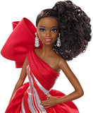 2019 Holiday Barbie Doll, 11.5-Inch, Curly Brunette, Wearing Red and White Gown, with Doll Stand and Certificate of Authenticity