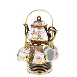 DaGiBayCn 20 Piece European Ceramic Tea Set Porcelain Tea SetWith Metal Holder,flower tea set Red Rose Painting,150ML/Cup,750ML/Pot(Enlarged version)