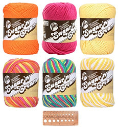 Lily Sugar 'n Cream Yarn Bundle 100% Cotton Worsted #4 Weight Includes Bamboo Knitting Gauge (Lily Mix 35)