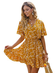 Romwe Women's Short Sleeve V Neck All Over Print High Waist A Line Summer Short Dress Mustard Yellow M