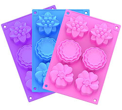 Ouddy 3 Pack 6 Cavity Flower Shape Silicone Soap Making Mold Handmade Chocolate Cake Baking Molds DIY Soap Mold with 2 S Hooks