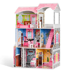 ROBUD Wooden Dollhouse with Elevator Furniture 3.8ft Tall 5 Rooms 3-Storey Play Toy Dollhouse for Girls