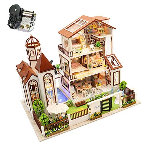 Diy Doll House Music+led Light Villa Model Building Kit Wooden