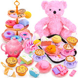 Visodhm 53pcs Tea Set for Little Girls,Unicorn Princess Tea Time Toys with Plastic Tea Cups Dishes Play Food Sweet Treats Doll Bear Playset, Kids Kitchen Pretend Play Kitchen Set for Toddlers