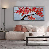 IWANART-3D Contemporary Abstract Art Oil Painting on Canvas Palette Knife Texture Red Flower Tree Paintings Canvas Wall Art Painting Modern Home Decor Living Room Ready to Hang Painting 24x48inch