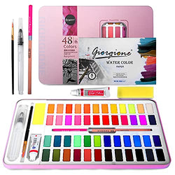 Watercolor Paint Set 48 Colors Portable Drawing Painting Kit with 1 Water Tank Brushes, 1 Draw Sketching Pencil, 1 Sponge, 1 Hook Line Pen, 1 White Watercolor Paint, 8 Drawing Papers, 1 Metal Box (Pink)