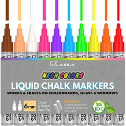 Kassa Liquid Chalk Markers for Blackboards (10 Neon Colors) - Chalkboard Marker Erases on Glass, Window, Black Board, Mirror - Chalk Pens Include Reversible Chisel & Bullet Tip - Non-Toxic Ink