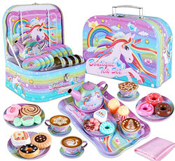 Toy Unicorn Tea Set for Little Girls, Princess Tea Party Play Toy Kid Afternoon Tea Set Including Teapot,Cups, Plates, Dessert, Drinks & Carrying Case, Kitchen Pretend Play Toys Birthday Gift for Kids