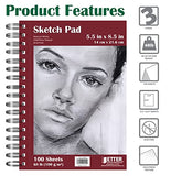 5.5" x 8.5" Sketch Paper Pads, 4 Pack, 400 Total Sheets (100 Each), 68 lb/100gsm Premium Paper, by Better Office Products, Spiral Bound Artist Sketch Book, Acid Free, Cold Press, Natural White