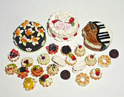 Pastry baskets with fruits cakes Valentin, violin, pear orchard. Dollhouse miniature 1:12
