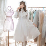 Smiling Angel Women's Princess Embroidery Lace Chiffon Long Sleeve Retro Hollow Spring Autumn Daily Lolita Dress White