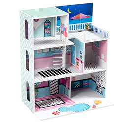 Costzon Kids Wooden Play Dollhouse, 3 Story Multifunction Doll Cottage with Balcony, Stairs, Living Room, Bathroom and Kitchen, Best Toy for Kids Boys Girls to Simulate Life