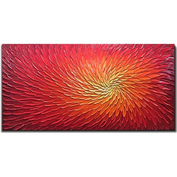 Amei Art Paintings,24X48 Inch 3D Hand-Painted Artwork Abstract Blooming Flower Painting On Canvas Red Art Wood Inside Framed Hanging Wall Decoration Textured Abstract Oil Painting (Fiery Red)