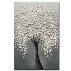 Yotree Oil paintings, 24x36 Inch Grey-White Flowers Tree Luck Tree Oil Hand Painting 3D Hand-Painted On Canvas Abstract Artwork Art Wood Inside Framed Hanging Wall Decoration Abstract Painting