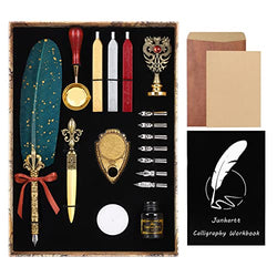Junhartt Quill Feather Pen and Ink Set - Calligraphy Pen Set with Workbook and Wax Seal Stamp Kit (Green)