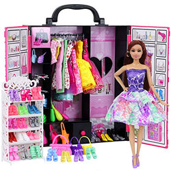 Ecore Fun Fashion Doll Closet Wardrobe for Doll Clothes and Accessories Storage - Lot 52 Items Include Clothes, Dresses, Shoes, Bags, Necklace, Shoes Rack, Hangers for 11.5 Inch Girl Doll Clothes