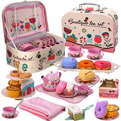 PRE-WORLD Tea Party Set for Little Girls, Princess Tea Time Toy Including Dessert,Cookies,Doughnut,Teapot Tray Cake, Tablecloth & Carrying Case,Kids Kitchen Pretend Play for Girls Boys Age 3-6
