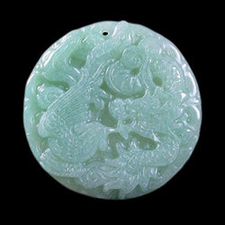 47mm Carved Gemstone Green Aventurine Dragon Phenix Flatback Round Pendant Bead 1.8"