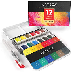 ARTEZA Watercolor Paint, Set of 12 Assorted Vibrant Colors in Half Pans (in Tin Box) with Water