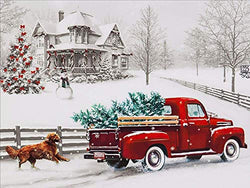Christmas Snow Scene Stitch Diamond Painting - MaiYiYi 5D Full Round Diamond Painting Red Truck Crystal Diamond Painting Christmas Dog Diamond Pinting Kits for Adult Home Wall Art Decor (40X30 cm)