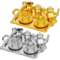 Skylety 2 Set Miniature Tea Cup Set Alloy Dollhouse Mini Tea Set Miniature Tea Lid Pot Cups Tray Set Silver Gold Miniature Kitchen Furniture Accessories for 1:12 Dollhouse Decor (Square Tray Style)