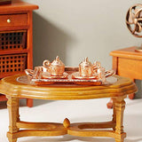 Hiawbon 10 Pcs Dollhouse Accessories Miniature Rose Gold Alloy Tea Lid Pot Cups Tray Set for 1:12 Dollhouse Mini Dollhouse Furniture Decoration