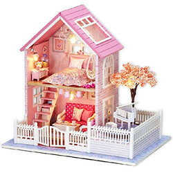 Dollhouse Miniature with Furniture, DIY Wooden Doll House Kit Plus LED and Music Movement, 1:24 Scale Creative Room Idea Best Gift for Children Friend Lover （Pink Cherry Blossom）