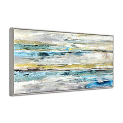 ARTISTIC PATH Abstract Texture Framed Wall Art: Horizon Canvas Picture Blue Artwork Painting Print with Champagne Silver Painting Frame (48''W x 24''H,Multi-Sized)