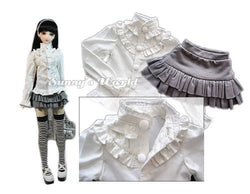 1/3 BJD DOD AS DZ SD LUTS Dollfie Outfit/ Doll Suite / Stand Collar Shirt + Frilled Skirt/ White+ Grey