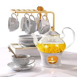 DUJUST Small Tea Set of 6, Cute and Delicate, Handcraft Gray Porcelain Tea Party Set, Tea Cup and Saucer Set with Warmer, 1 Pot(22oz), 6 Cups(4oz), 6 Saucers, China Tea Gift Set with Shelf - Gray