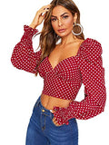 Romwe Women's Elegant Sweetheart Neck Lantern Long Sleeve Shirred Slim Crop Top Blouse Red X-Small