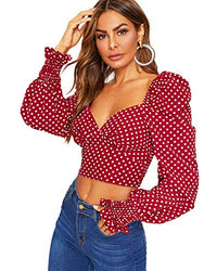 Romwe Women's Elegant Sweetheart Neck Lantern Long Sleeve Shirred Slim Crop Top Blouse Red X-Small