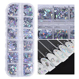 Holographic Nail Glitter, 12 Grids 3D Holographic Butterfly Nail Art Stickers Iridescent Laser Silver Nail Confetti Glitter Flakes Sequins Unicorn Star Heart Nail Decals Manicure DIY Nail Decoration