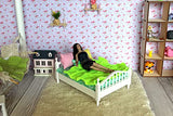 1:12 scale doll bed, dollhouse bedroom furnishing. White bed green mattress pillows blanket