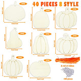 40pcs Unfinished Pumpkin Wooden Cutouts, 8 Styles Pumpkin Wood Slices Fall Wood Pumpkin Hanging Ornaments DIY Crafts with Ribbons for Thanksgiving Harvest Halloween DIY Painting Project Home Decor