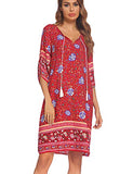 Bohemian Floral Red Dress Ethnic Style Tunic Boho Dresses Summer Short with Tie Neck M