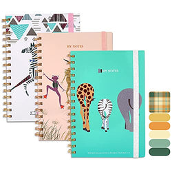 MUKOSEL 3 Pack A5 Spiral Notebook Ruled Journal with Sticky Notes, 6 x 8", 160 Pages, Banded Hardcover Travel Writing Notebooks, Subject Diary for Office,School & Home (Fun Animal)