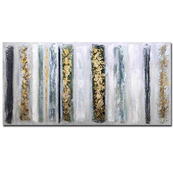 Boiee Art,24x48inch 100% Hand Painted Abstract Neutral Oil Paintings Gold Lines Canvas Wall Art Dark Grey White Modern Minimalist Artwork Home Decor Art Wood Inside Framed Ready to Hang