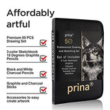 Prina 50 Pack Drawing Set Sketch Kit, Sketching Supplies with 3-Color Sketchbook, Graphite, and Charcoal Pencils, Pro Art Drawing Kit for Artists Adults Teens Beginner Kid, Ideal for Shading, Blending