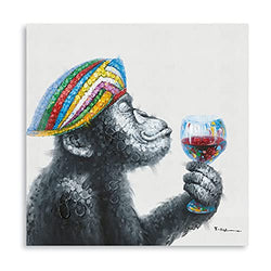 Chimp Wine Canvas Wall Art: Handpainted Monkey Decor Wearing Colorful Funky Hat Hanging Wine Glass Painting for Boys' Bedroom Framed Ready to Hang (12"x12"x1 Panel)