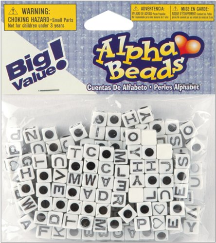 Darice 160-Piece Big Value Alpha Beads, 6mm, White with Black letters (1930-24)