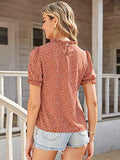 Romwe Women's Floral Print Ruffle Puff Short Sleeve Casual Blouse Tops Burnt Orange XS