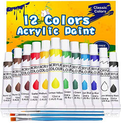 Acrylic Paint Set, Emooqi 12 Vibrant Colors, 3 Brushes, Rich Pigments, Non Fading Paints for Artist, Hobby Painters & Sudents, Ideal for Canvas Painting