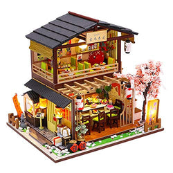 juman DIY Dollhouse Kit, Dollhouse Miniature Kit 3D Japanese Assembled Sushi Shop Handmade Wooden Dollhouse with LED Lights and Music Movement for Christmas Birthday Gift