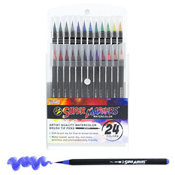 24 Color Super Markers Watercolor Soft Flexible Brush Tip Pens Set - Fine & Broad Lines, Vibrant
