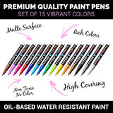 Fine Tip Paint pens for Rock Painting - Wood, Glass, Metal and Ceramic Works on Almost All Surfaces Set of 15 Vibrant Oil Based fine Point Paint Markers, Quick Dry, Water Resistant