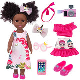 14.5 Inch Black Doll Dress and Accessories Sets African American Baby Doll Silicone Black Dolls Realistic Lifelike Doll with 2sets Clothes Sunglasses Shoes Phone Camera and Headband